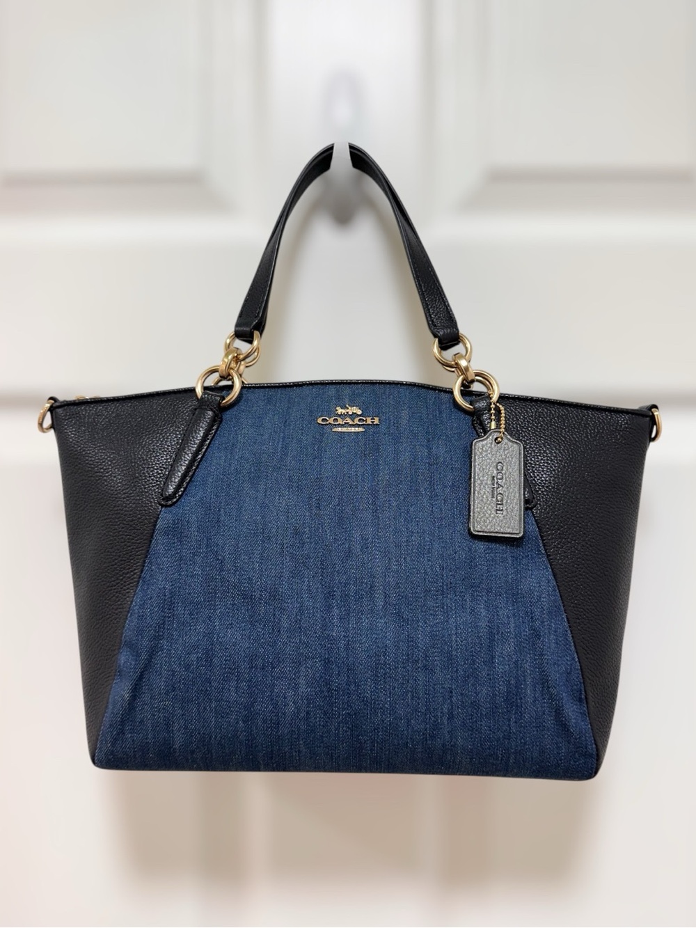 Coach Satchel Bag Kelsey Denim Colorblock Black Pebbled Leather F26159